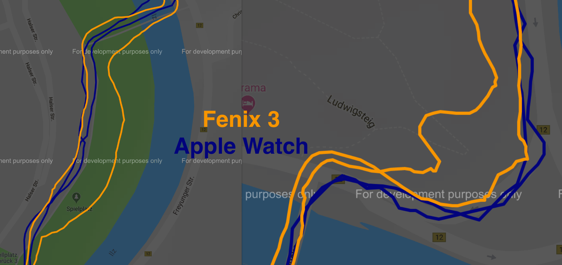 GPS-Tracks von fenix3 und Apple Watch im Vergleich.