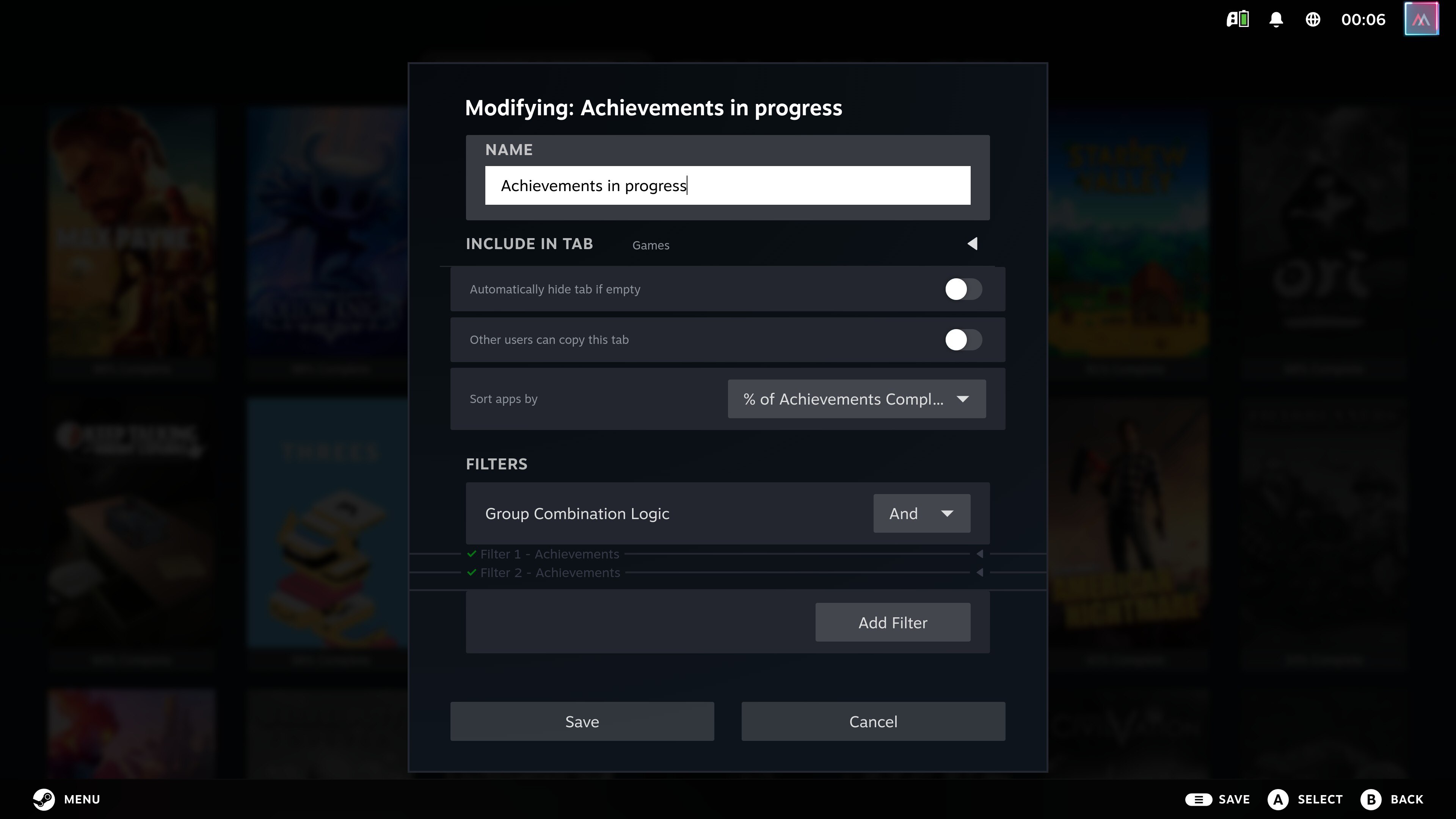 Screenshot of my the edit UI for my custom achievement-progress tab, first half