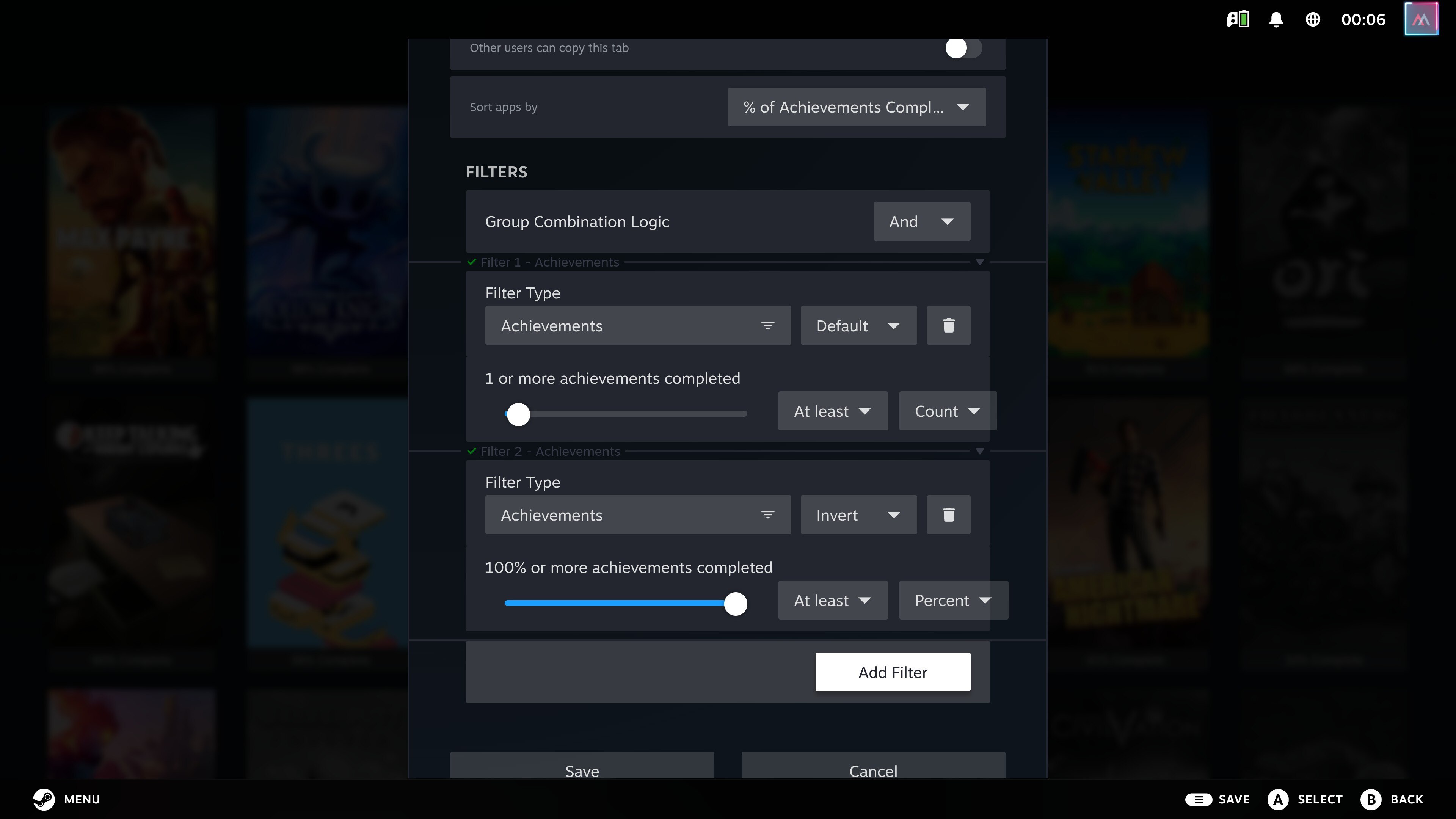 Screenshot of my the edit UI for my custom achievement-progress tab, second half
